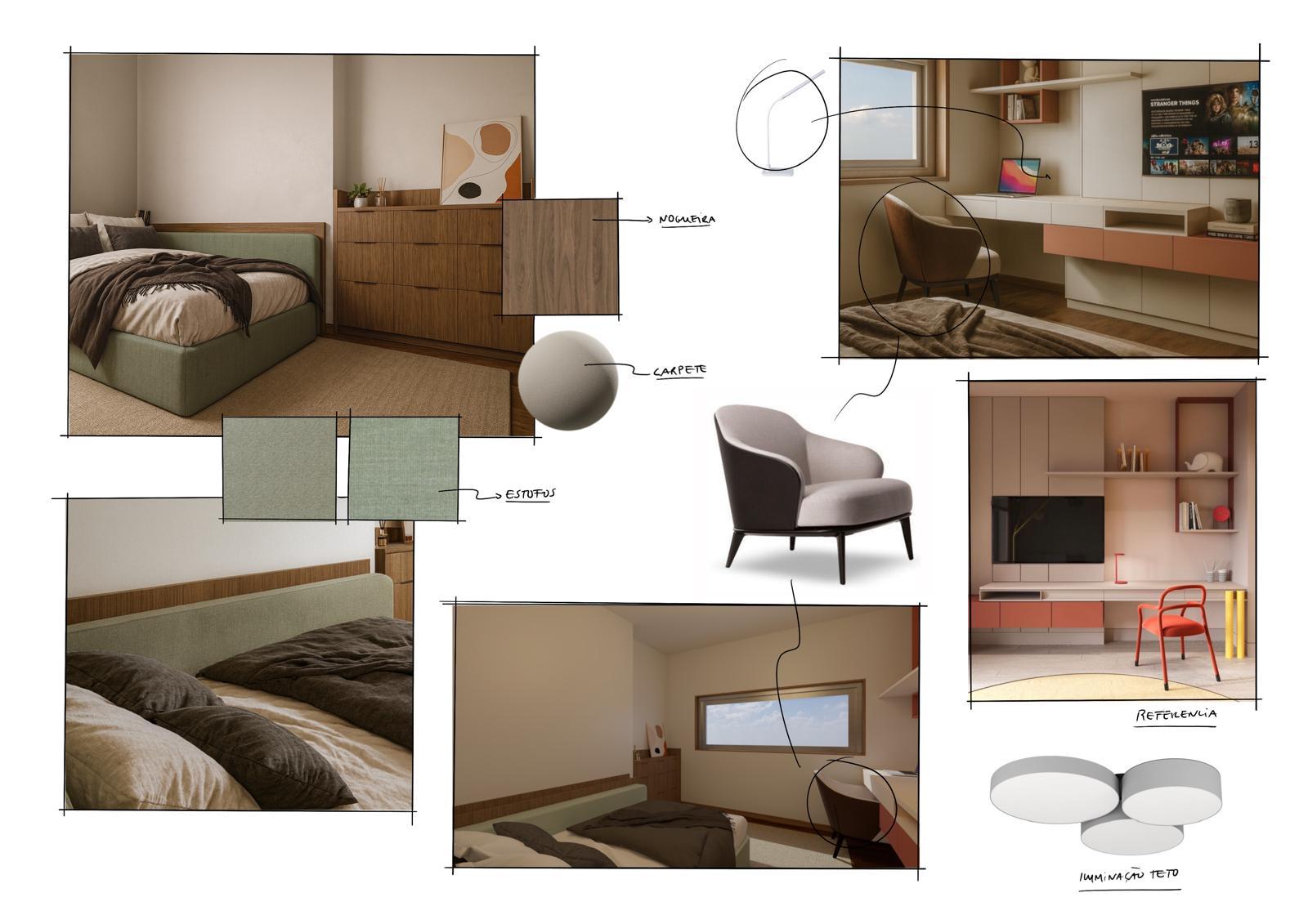 Moodboard de quarto de criança: cama verde, nogueira e secretária com cadeira vermelha