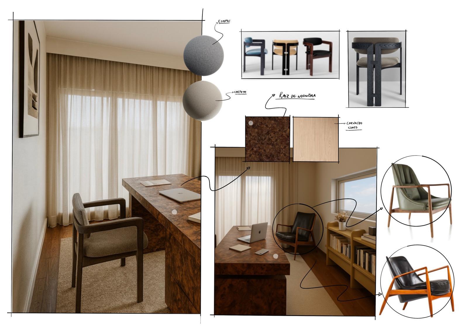 Moodboard de escritório com cadeiras e poltronas de pele