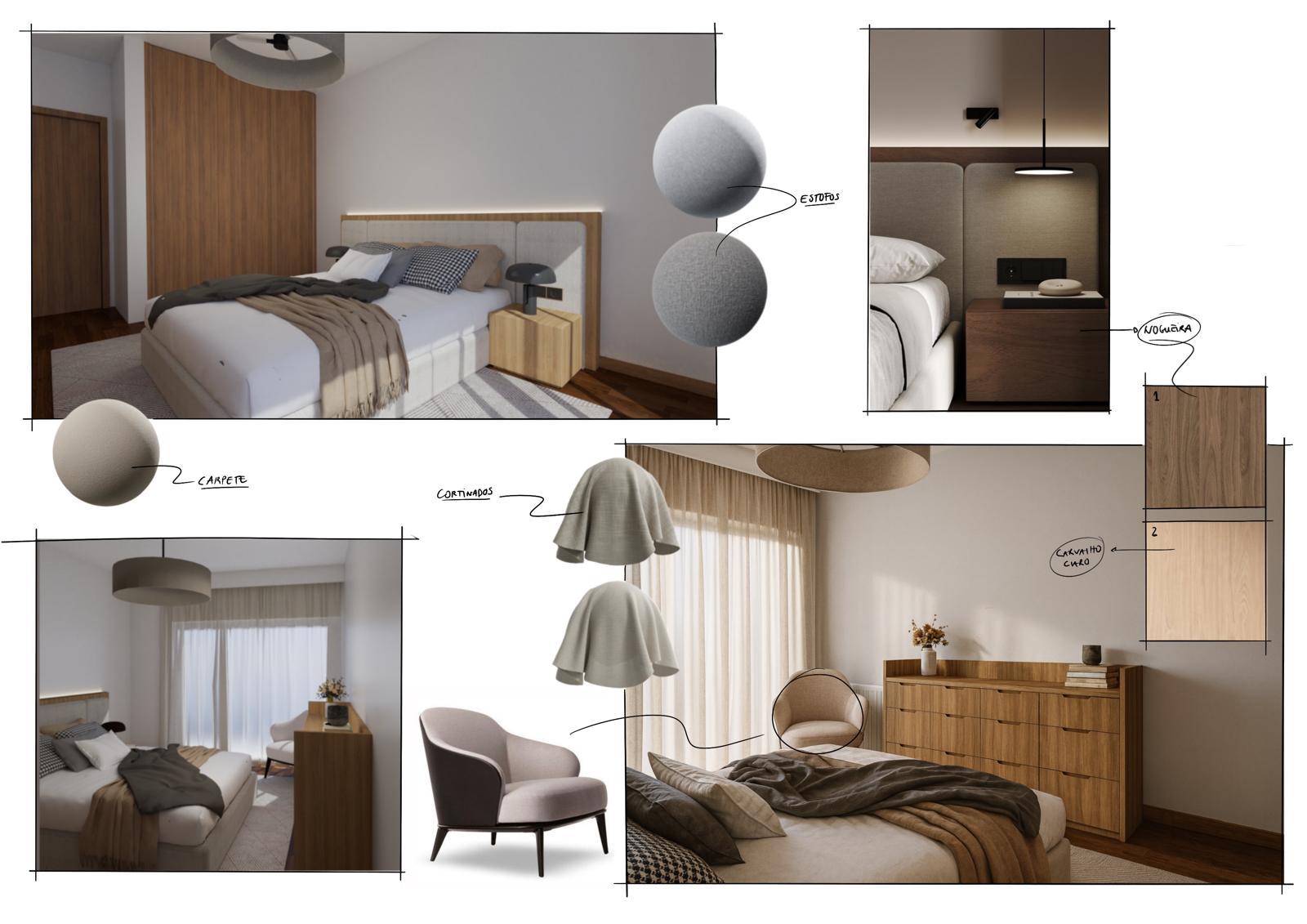 Moodboard de quarto principal: cabeceira estofada, nogueira e carvalho claro
