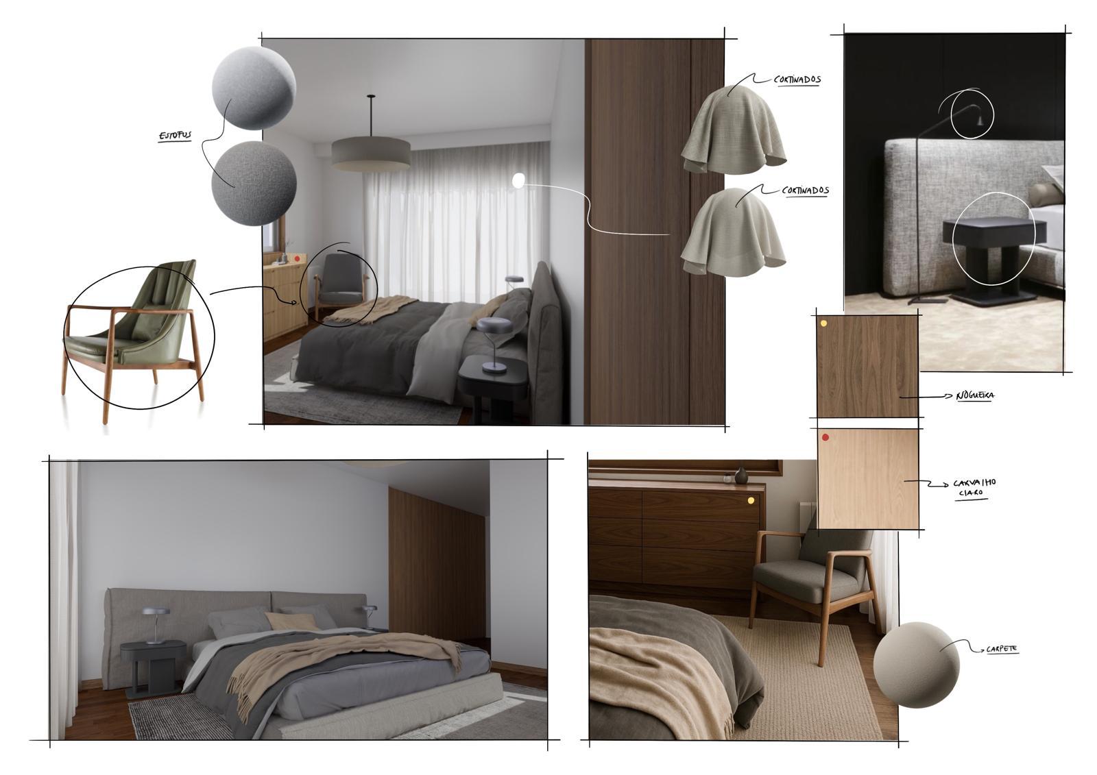 Moodboard de quarto: cortinados, poltrona de pele verde e mesa de cabeceira preta