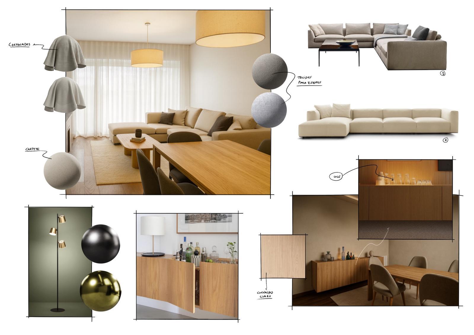 Moodboard de sala de estar: sofás, cortinados, carpete e aparador em carvalho