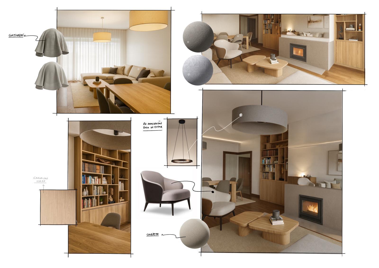 Moodboard de sala com lareira, candeeiro suspenso e poltrona