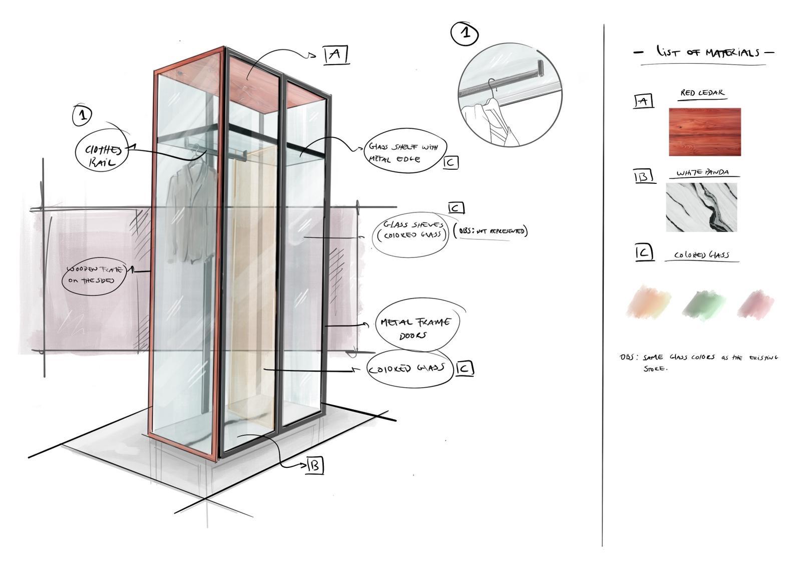Esboço à mão de uma vitrine de loja em cedro vermelho com portas de vidro e lista de materiais